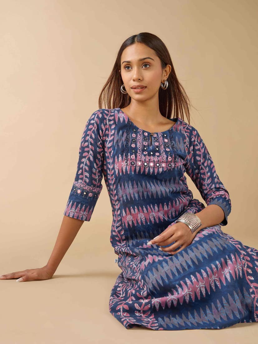 Indigo Pure Cotton Natural Printed Kurti With Mirror Embroidery view 2