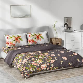 DDECOR - Prime Collection 100% Cotton Floral Pattern 136TC King Bedsheet |229 CM X 274 CM|, Quilt and with 2 Pillow Covers - Grey