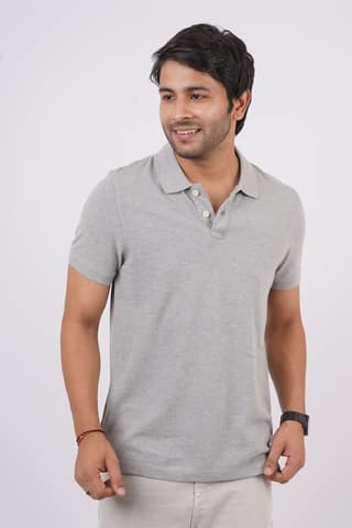 Men's Grey Melange Solid Polo T-Shirt