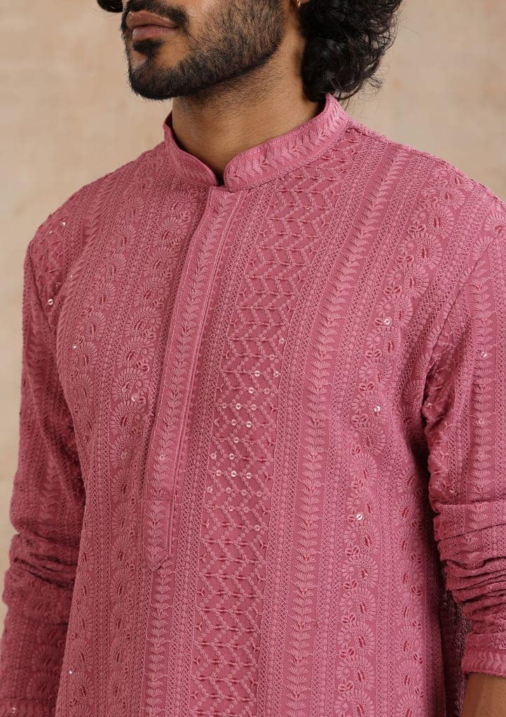 Rayon Schiffli Solid Men's Long Kurta- Muave view 2
