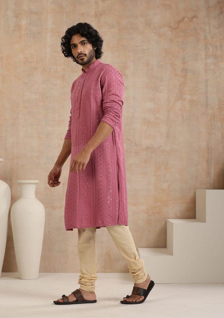 Rayon Schiffli Solid Men's Long Kurta- Muave view 3