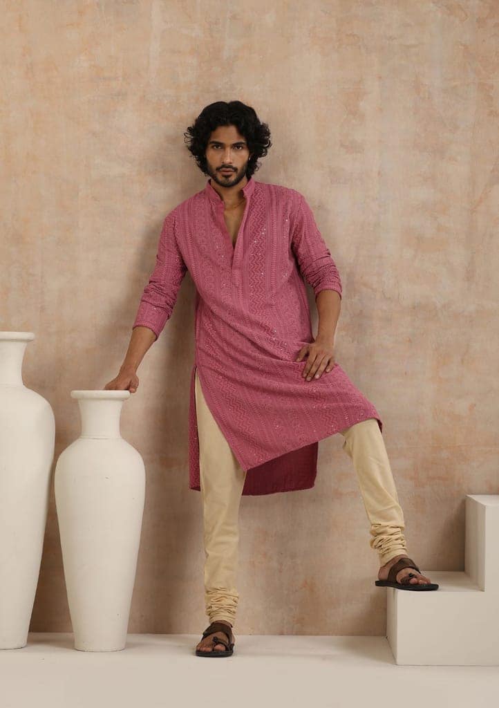Rayon Schiffli Solid Men's Long Kurta- Muave view 4