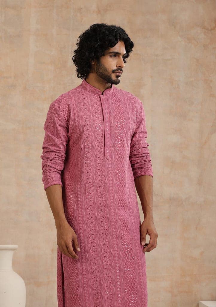 Rayon Schiffli Solid Men's Long Kurta- Muave view 5
