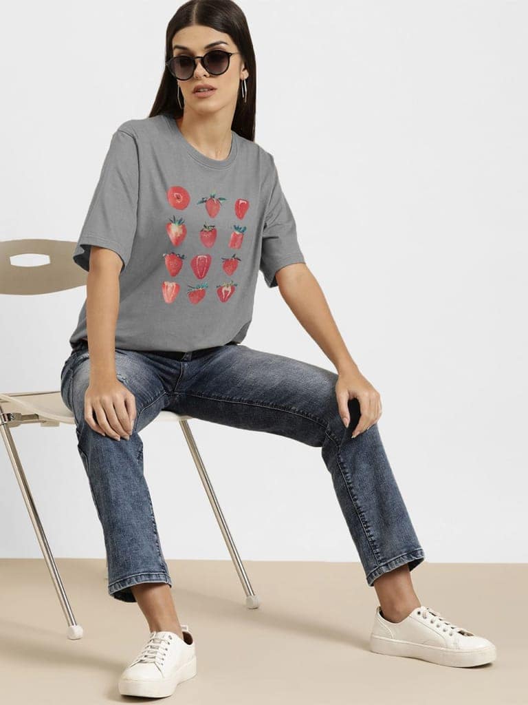 Women Basic Grey T-shirt With Strawberry Prints view 2