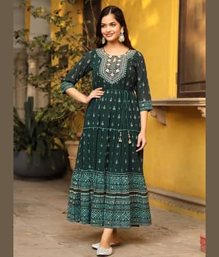 Juniper Georgette Printed Ankle Length Women's Fit & Flare Dress - Green ( Pack of 1 )