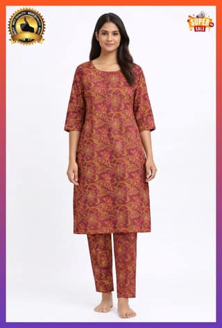 Women Deep Rani Floral Printed Cotton Straight Kurti with Pant | Round Neck 3/4 Sleeve Casual Ethnic Kurta Set