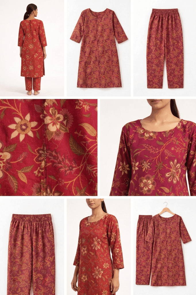 Women Deep Rani Floral Printed Cotton Straight Kurti with Pant | Round Neck 3/4 Sleeve Casual Ethnic Kurta Set view 2