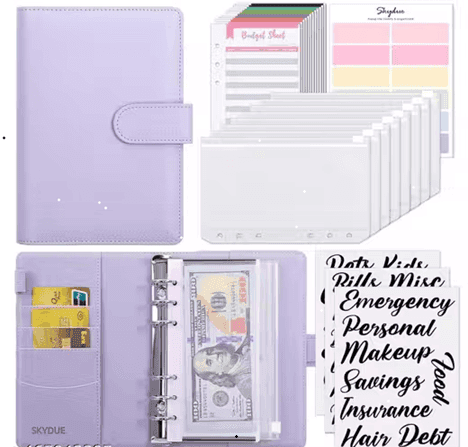 A6 PU Leather Budget Binder Refillable 6-Ring Notebook Planner with Magnetic Buckle for A6 Loose Leaf Filler Paper – Purple