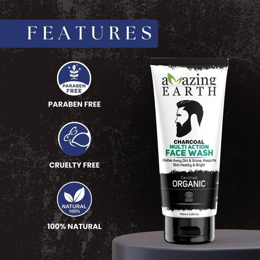 AMAzing EARTH Certified Organic Activated Charcoal Face Wash for Men - 100% Natural with Neem, Orange, Rice, Grapeseed, Sandalwood Extract, Fights Pollution, Oil Control, Sulphate and Paraben Free, Vegan, Cruelty Free - 100ml view 6