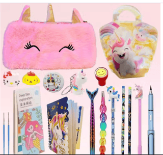 GSI Unicorn Fur Pouch & Diary Stationery Gift Set – Unicorn Bag, Paint Colour Book, Pens, Pencil, Eraser, Brooch, Keyring & Stamp