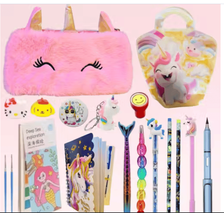 GSI Unicorn Fur Pouch & Diary Stationery Gift Set – Unicorn Bag, Paint Colour Book, Pens, Pencil, Eraser, Brooch, Keyring & Stamp