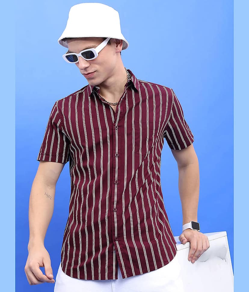 Highlander 100% Cotton Slim Fit Striped Half Sleeves Men's Casual Shirt - Burgundy ( Pack of 1 )