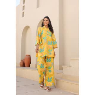Elara Women's Floral Co-ord Set - Stylish Yellow Top Bottom