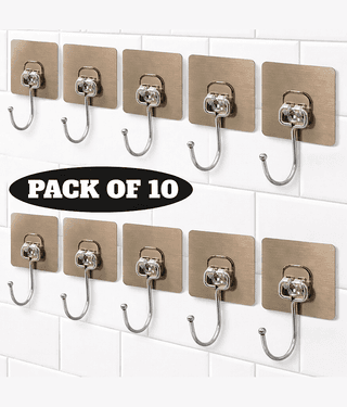Golden Hook 10 Pack Large Heavy Duty Stainless Steel Adhesive Hooks – Waterproof, Strong, Damage-Free Wall Hooks for Towels, Coats & Accessories – Kitchen, Bathroom, Home & Office Organization