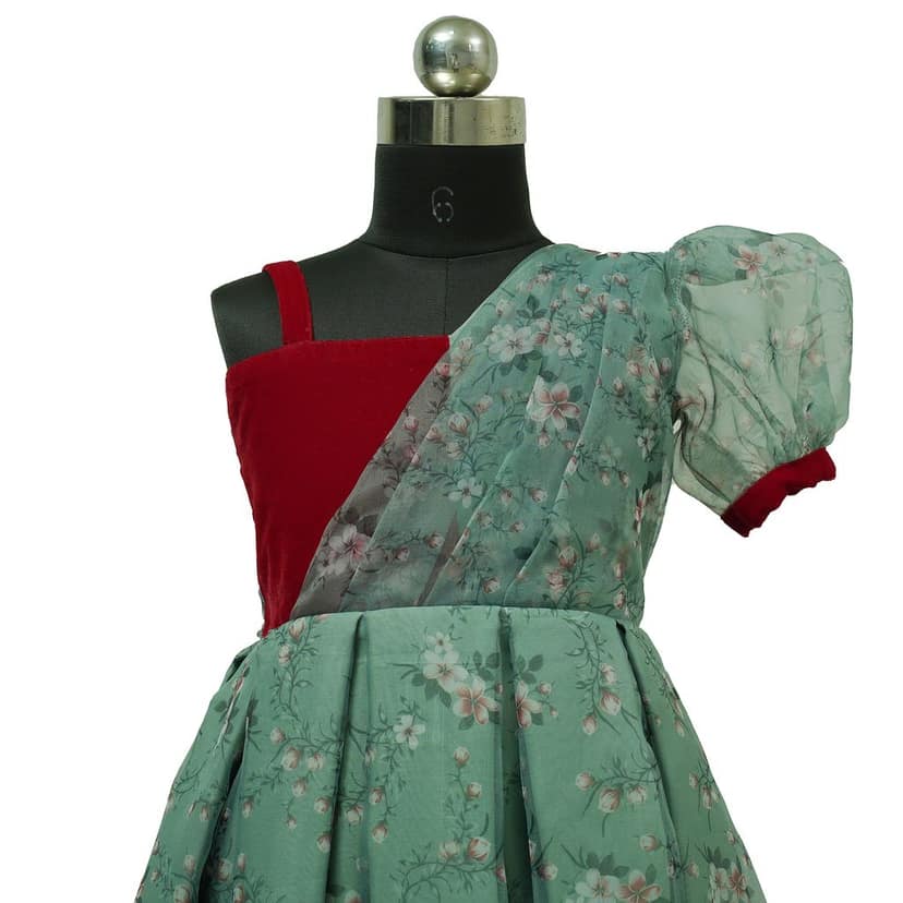 HEYKIDOO Kids Girls Velvet & Organza Christmas Party Wear Frock -Green & Red view 4
