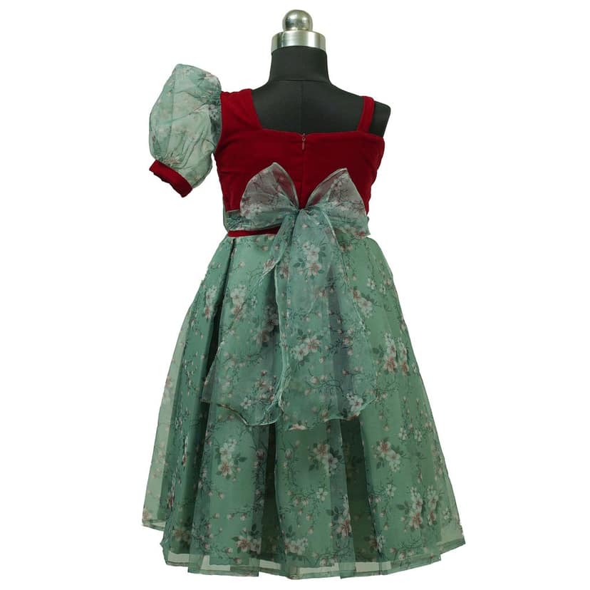 HEYKIDOO Kids Girls Velvet & Organza Christmas Party Wear Frock -Green & Red view 5