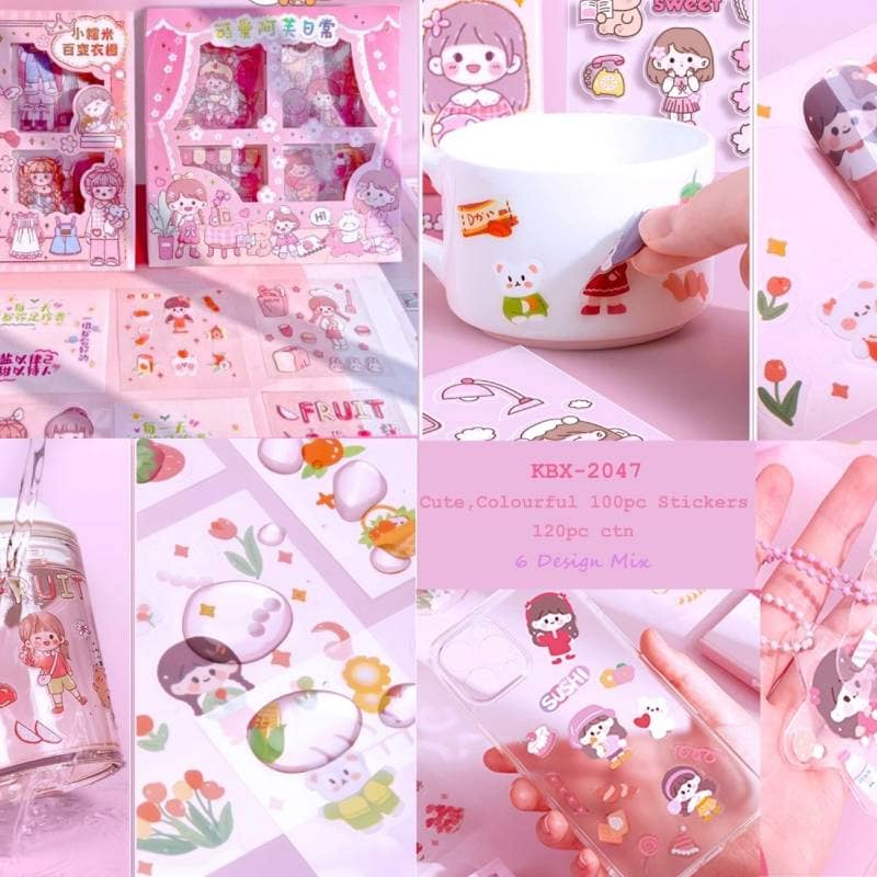 Cute Colorful 100-Piece Decorative Sticker Set (Pink, 6 Design Mix) | Waterproof Aesthetic Stationery | DIY Journaling & Crafting