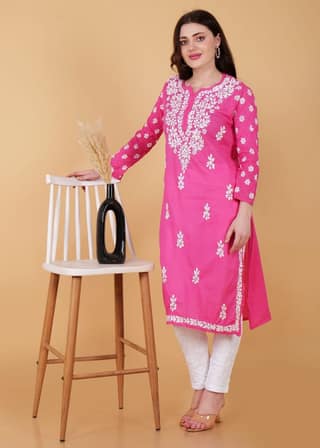Pure Cotton Hand Embroidered Chikankari Kurta -Pink