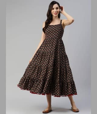Divena Women Cotton Printed Fit & Flare Dress ( Navy Blue )