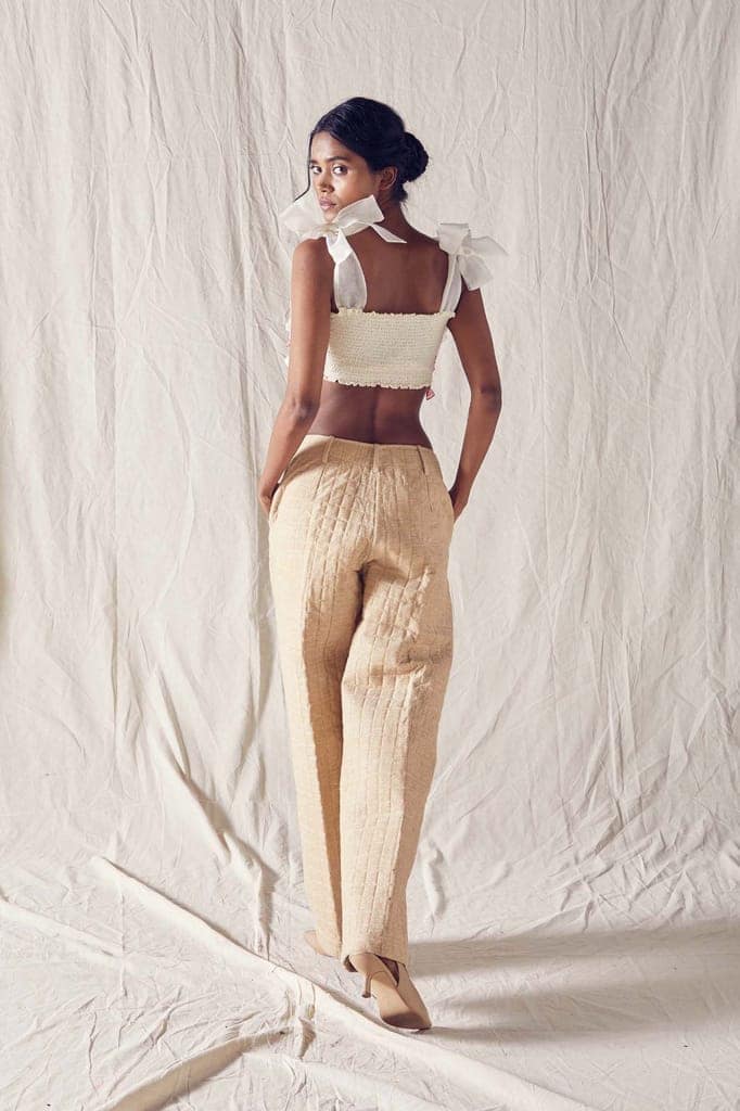 Quilted Beige Wide Leg Pants In Organic Cotton view 3