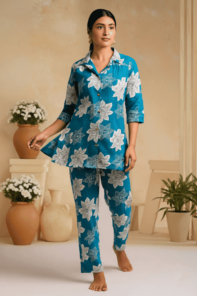 PickCell Printed Delta Fabric Coord Set for Women | Blue view 4