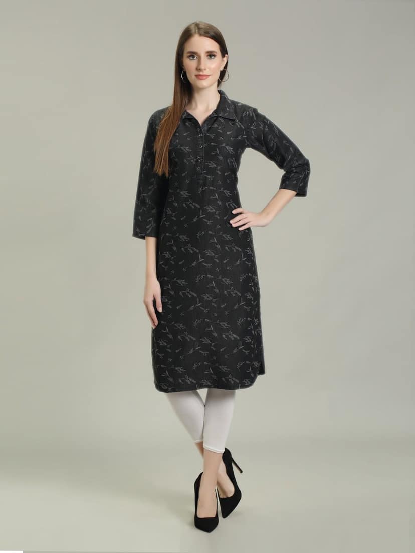 Denim Printed Apple Straight Kurti One Side Pocket, Black - 2XL
