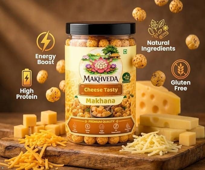 MAKHVEDA - Tasty Cheese Makhana | Roasted Fox Nuts | Popped Lotus Seeds | Healthy Snack | Low Calorie, High Protein, Gluten Free | Cheesy & Crunchy Delight view 4