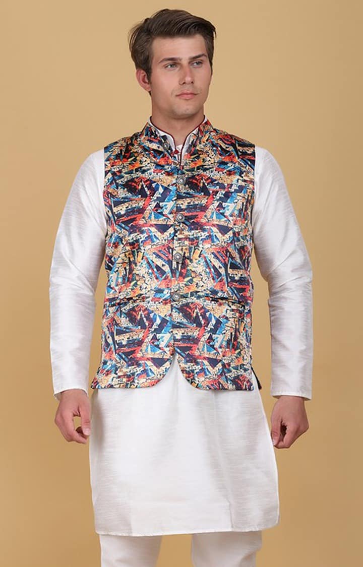 Tahvo Men Slim Fit Printed Nehru Jacket With Kurta Pyjama