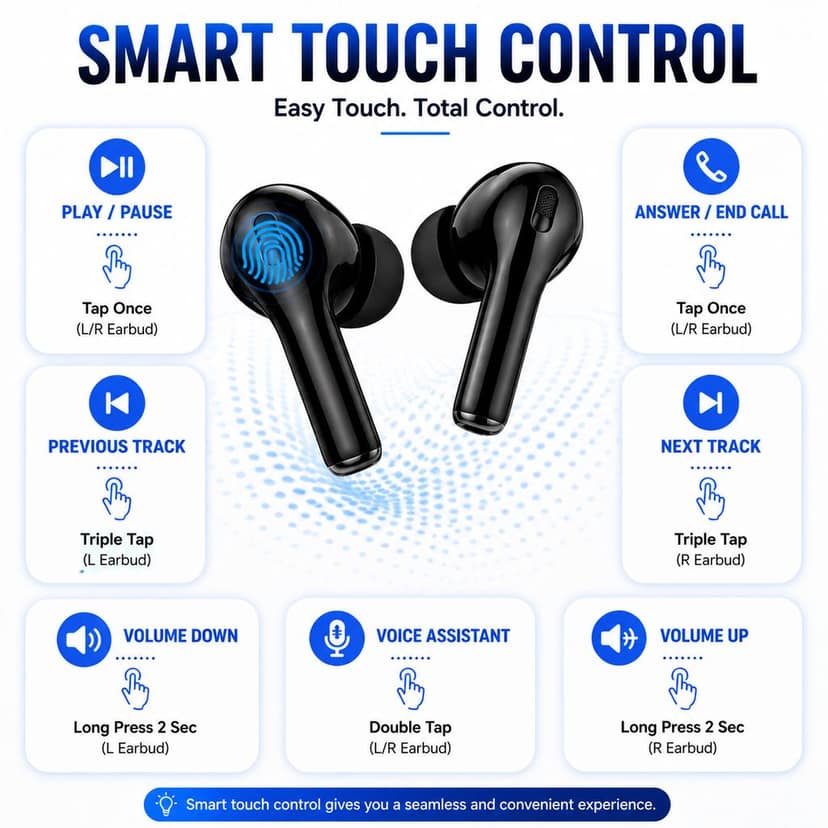 Tarendra TWS Wireless Earbuds Bluetooth 5.3 with Touch Control | Type-C Fast Charging Case | Deep Bass Earphones with Mic view 3