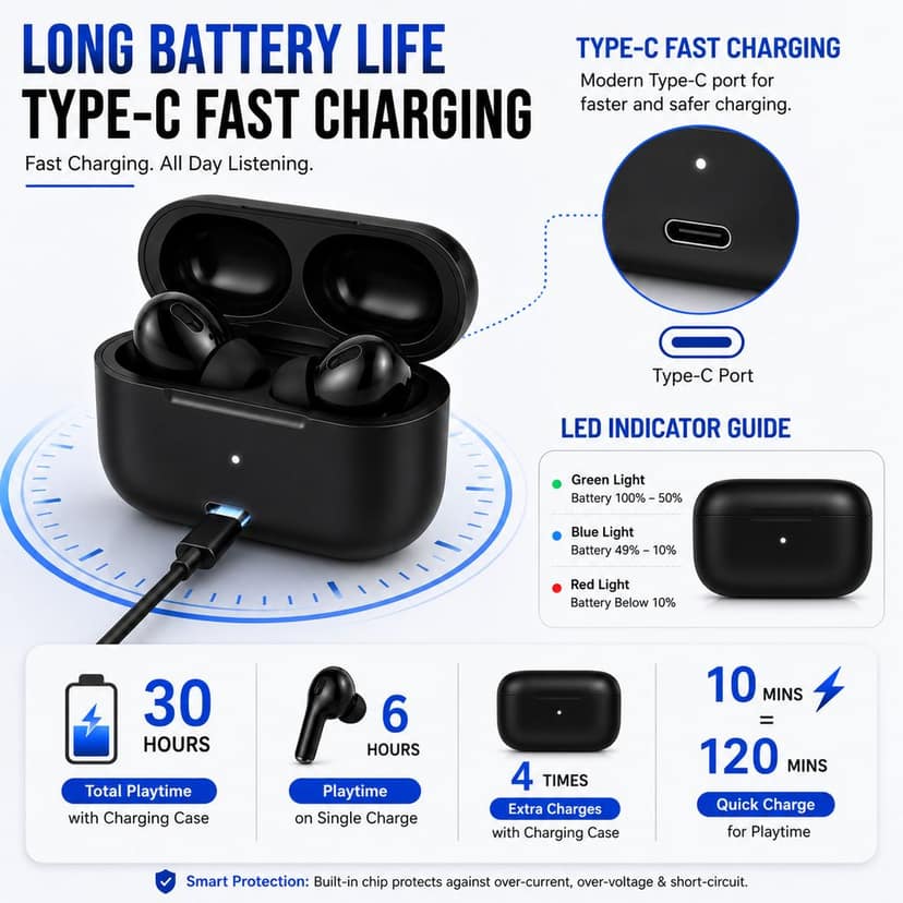 Tarendra TWS Wireless Earbuds Bluetooth 5.3 with Touch Control | Type-C Fast Charging Case | Deep Bass Earphones with Mic view 4