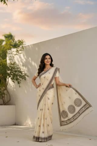 Handwoven Sambalpuri Ikat Cotton Saree in Ivory with Contrast Border
