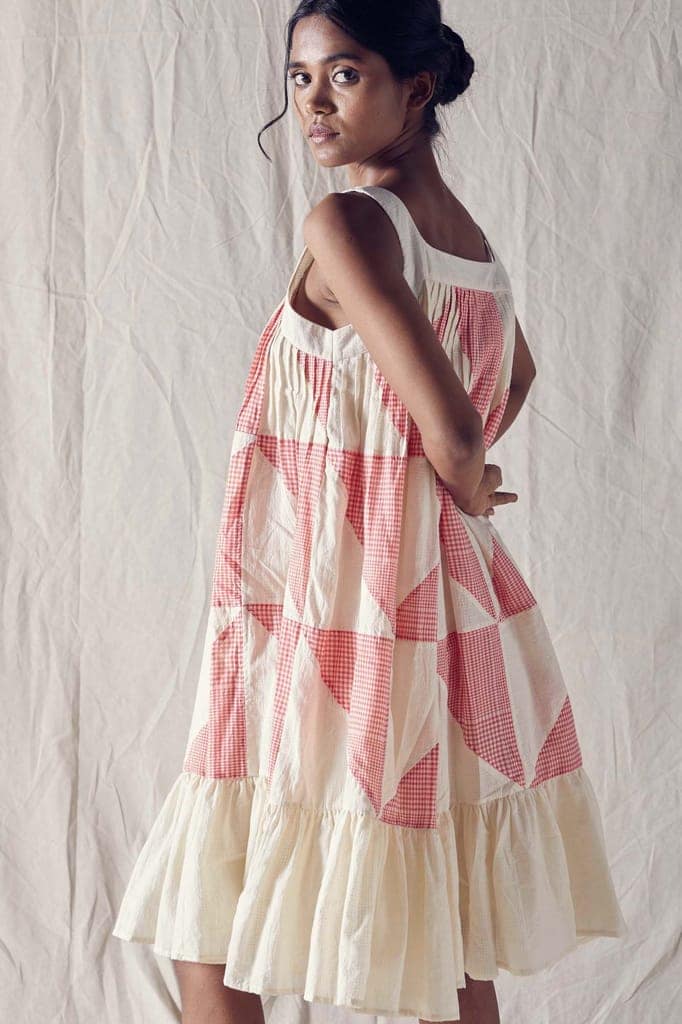 Pieced Sleeveless Summer Dress With Pleats In Red And Off White Checks Cotton Khadi Mulmul view 4