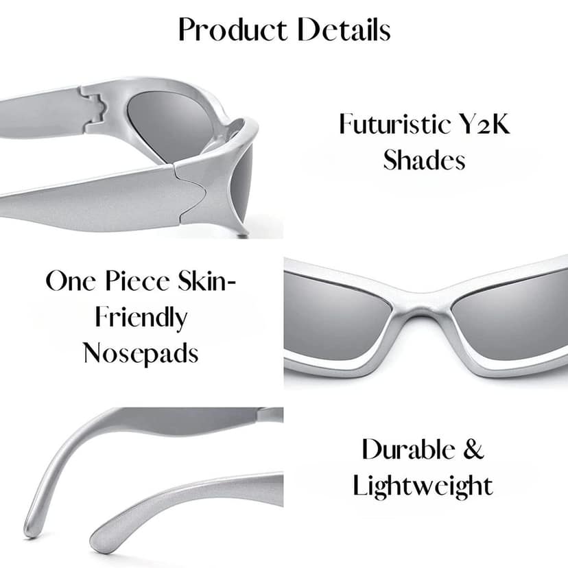4Flaunt Futuristic Series Wraparound Y2K Sunglasses For Men & Women | UV Protected | Full Rim Trending & Stylish Shades | Free Size (C1 - Silver Frame/Silver Mirrored Lens) view 5
