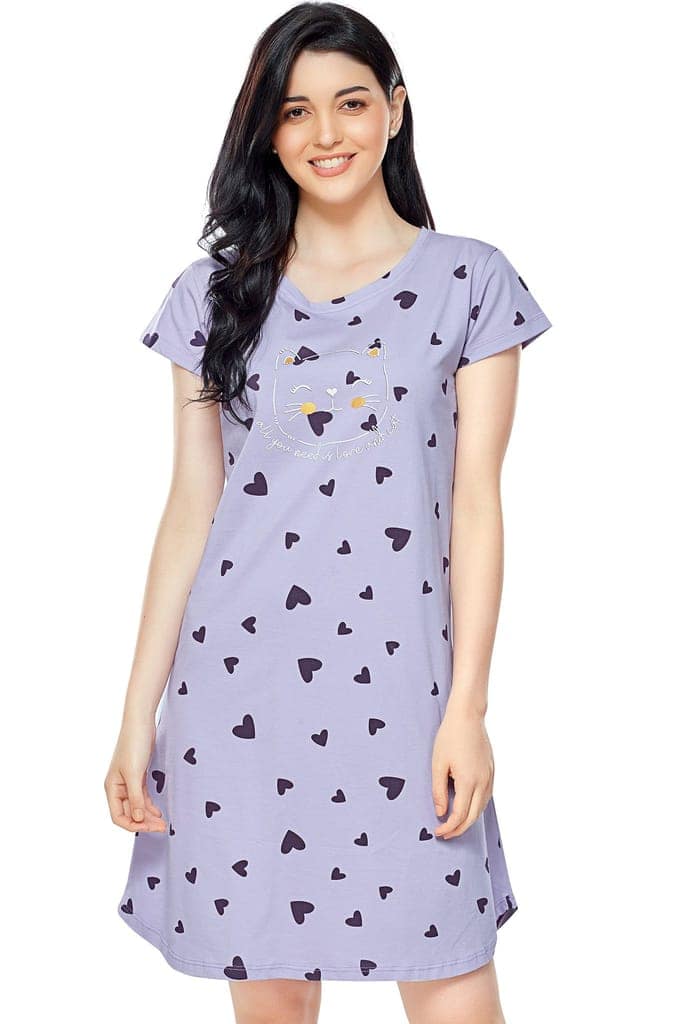ZEYO Women Cotton Night Dress Pink Heart Print Short Nighty view 5