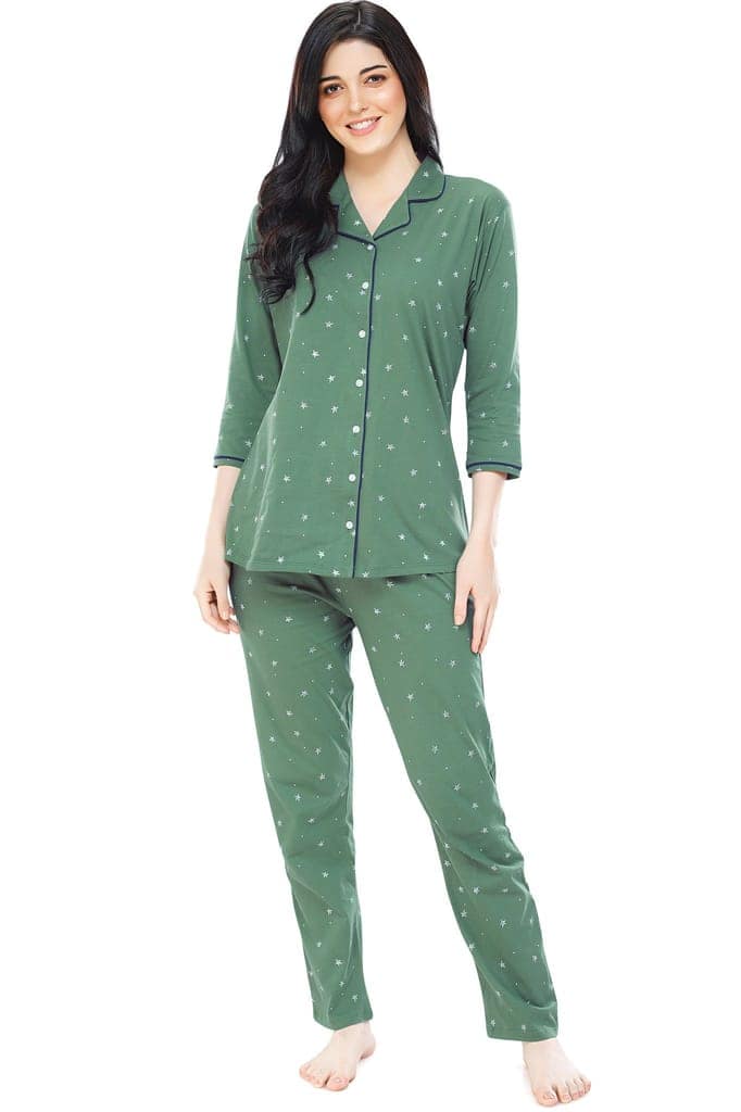 ZEYO Women's Cotton Green Star Printed Stylish Night suit set view 5