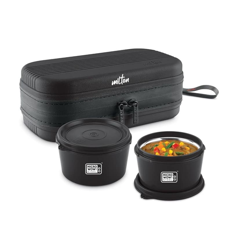 MILTON Urban Case Microwavable Lunch Box | Inner Steel, Double Wall, Leak-Proof Design | Compact & Durable Lunch Box for Office use, College, School, (2 x 320 ml)