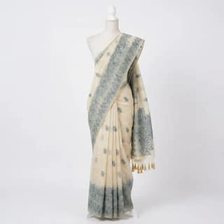 Sambalpuri Floral Print Teal Odisha Tussar Cotton Saree