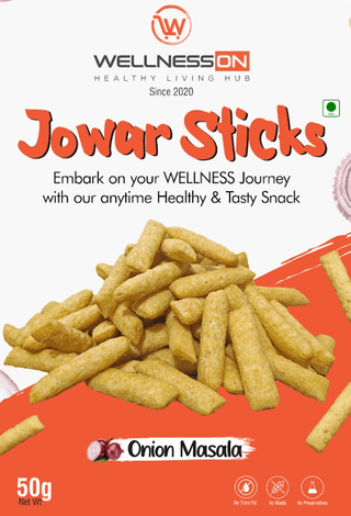 SABKA WELLNESS - Jowar Sticks with Onion Masala Healthy Baked Snack , No Maida, No Preservatives, No Artificial Colors , Crunchy Jowar Millet Snack - 50 Gms Pack of 8