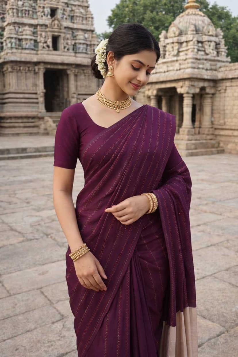 Arani Soft Silk Sarees - Taupe with Dark Brown Border
