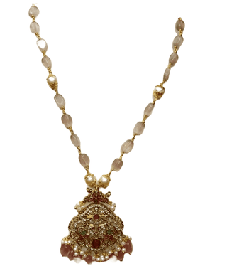 "Stunning Antique Gold Pendant Necklace with Pink Stones and Pearls"