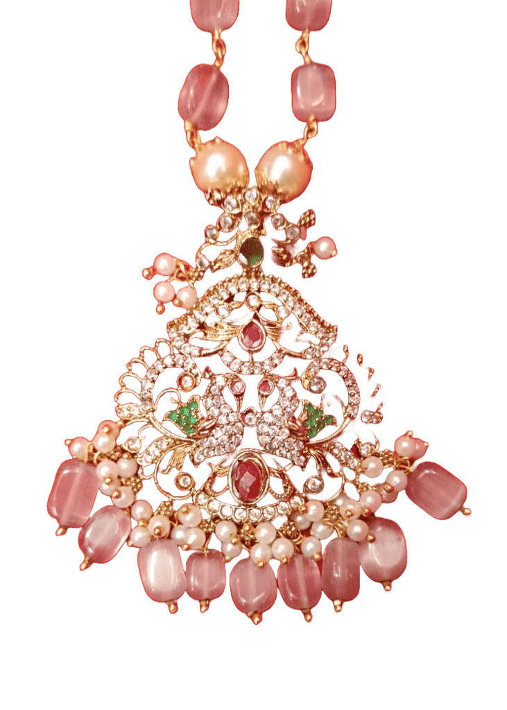 "Stunning Antique Gold Pendant Necklace with Pink Stones and Pearls" view 4
