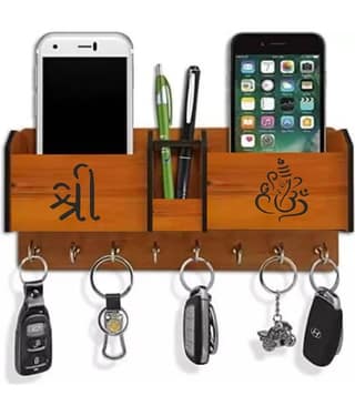 Big Boss Enterprises Shree Hindi Ganpati with 2 Pocket Mobile Holder, Pen Stand Wood Key Holder Stand (8 Hooks, Brown)
