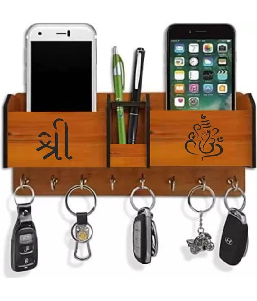 Big Boss Enterprises Shree Hindi Ganpati with 2 Pocket Mobile Holder, Pen Stand Wood Key Holder Stand (8 Hooks, Brown)