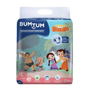 Bumtum Premium Ultrasoft Chota Bheem Baby Diaper Pants-L 62 Count, 360 Comfort, ADL Tech, 12hr Leak Protection, Cottony Soft, Fast Absorption Bumtum Premium Ultrasoft Chota Bheem Baby Diaper Pants-L 62 Count, 360 Comfort, ADL Tech, 12hr Leak Protection,