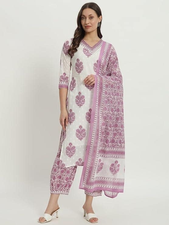 Gulmira White & Purple Floral Yoke Design Empire Mirror Work Pure Cotton Kurta with Patiala & Dupatta view 2