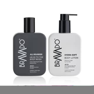 BRAVADO Hydrating Body Care Set, All Rounder Head to Toe Body Wash and Hydra Soft Body Lotion |Deep Cleansing, Moisturizing,Anti-Ageing, Sun Protection,Shower Gel,Facewash, Hair Wash-Pack of 2 | 400ml