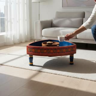 Solid Wood Chakki Table Fine-Art Painted | Wooden Grinder Table