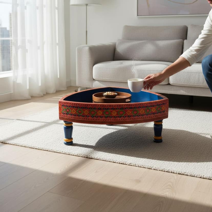 Solid Wood Chakki Table Fine-Art Painted | Wooden Grinder Table