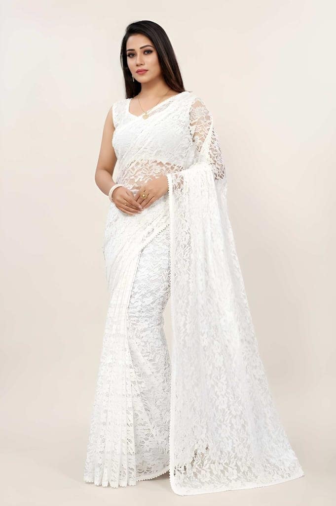 Women's White Floral Lace Saree with Matching Blouse Piece | Premium Designer Net Lace Party Wear Saree | Elegant Ethnic Wear