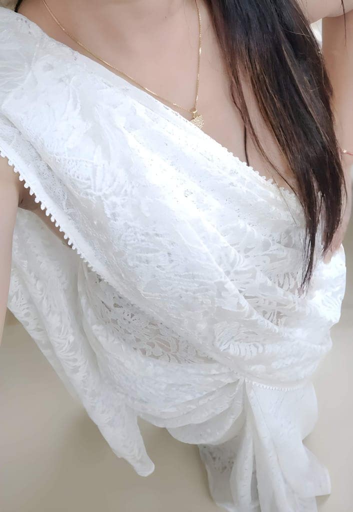 Women's White Floral Lace Saree with Matching Blouse Piece | Premium Designer Net Lace Party Wear Saree | Elegant Ethnic Wear view 4